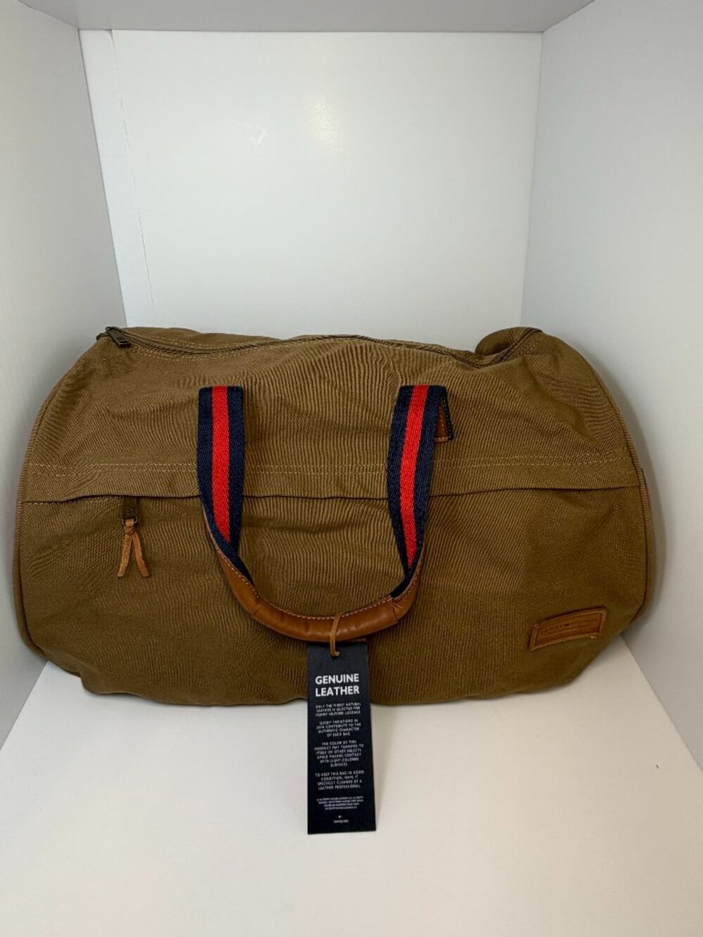 Vintage Tommy Hilfiger Workhorse  Duffel Luggage Bag Khaki Canvas w Leather